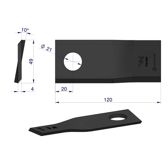 Nóż. nożyk kosiarka prawy 120x49x4mm otwór 21 zastosowanie 434976 Pottinger WARYŃSKI ( sprzedawane po 25 )