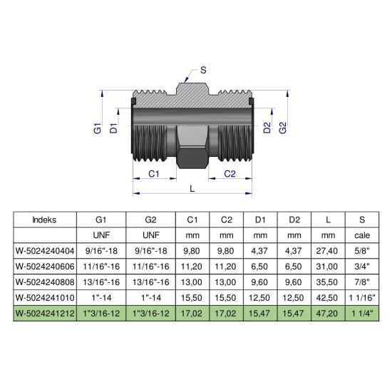 Złączka hydrauliczna calowa BB 1 3/16" ORFS (UNF) Waryński