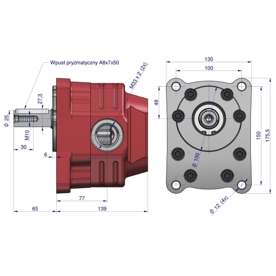 Pompa hydrauliczna zębata do Cyklop PZS-KZ-50P (obroty prawe) 20Mpa w korpusie żeliwnym Waryński