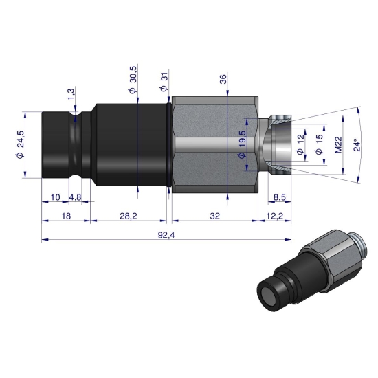 Szybkozłącze hydrauliczne suchoodcinające wtyczka M22x1.5 15L gwint zewnętrzny ISO16028 Waryński