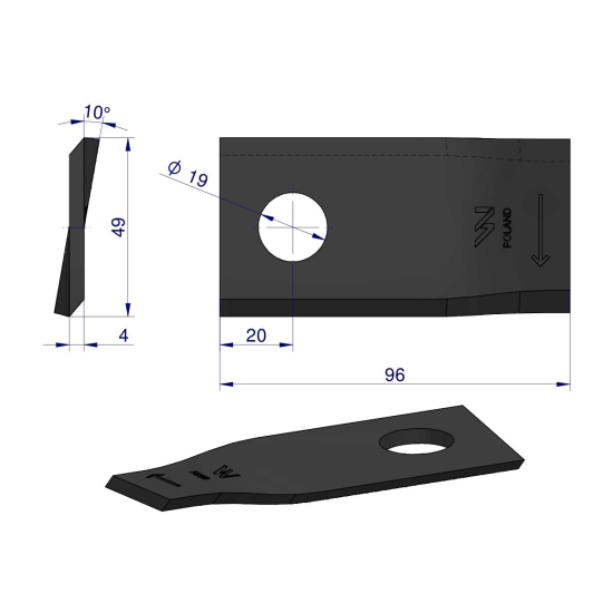 Nóż. nożyk kosiarka prawy 96x48x4mm otwór 19 zastosowanie 16503464 Deutz-Fahr WARYŃSKI ( sprzedawane po 25 )