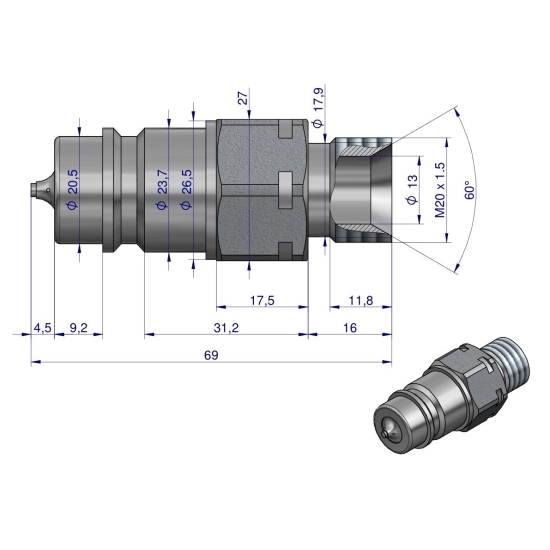 Szybkozłącze hydrauliczne wtyczka z eliminatorem ciśnienia M20x1.5 gwint zew. EURO (9100822W) (ISO 7241-A) Waryński