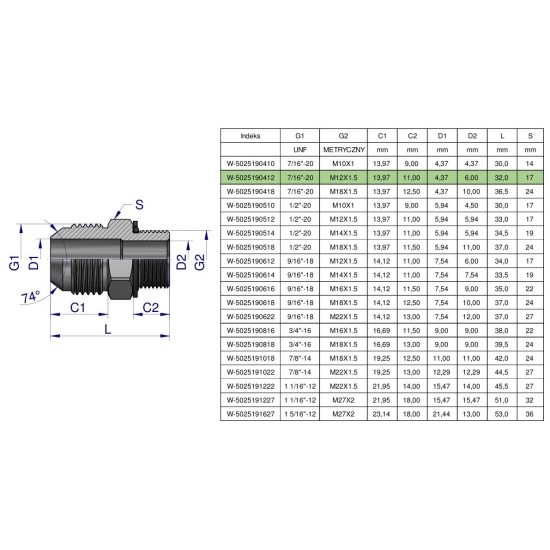 Przyłączka hydrauliczna BB 7/16"UNF (JIC) x M12x1.5 (XGE) Waryński ( sprzedawane po 2 )