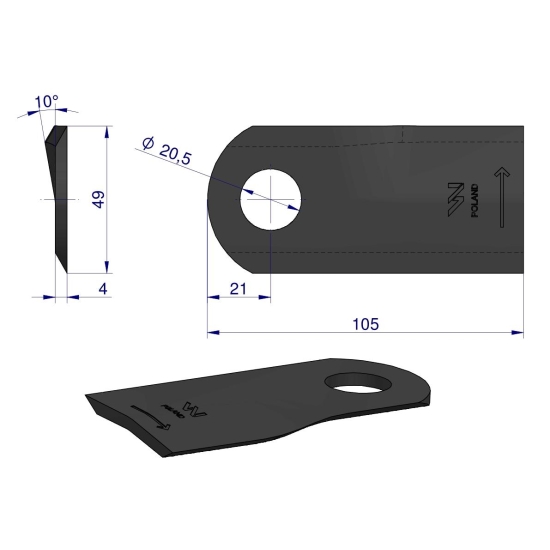 Nóż. nożyk kosiarka lewy 105x47x4mm otwór 20.5 zastosowanie 6802970 Kuhn WARYŃSKI ( sprzedawane po 25 )