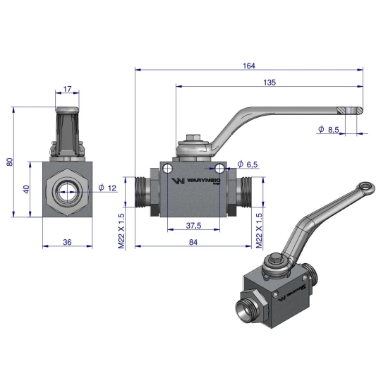 Zawór kulowy hydrauliczny 2-drogowy 2/2 M22x1.5 15L z otworami mocującymi 500 bar Waryński