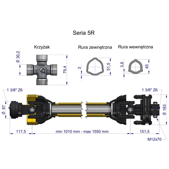 Wał przegubowo-teleskopowy 1010-1550mm 620Nm sprzęgło cierne 1200Nm 60970 CE 2020 seria 5R WARYŃSKI