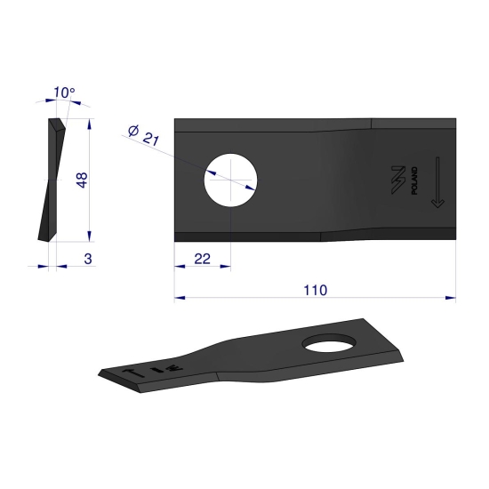 Nóż. nożyk kosiarka prawy 110x48x3mm otwór 21 zastosowanie 108P Galfre WARYŃSKI ( sprzedawane po 25 )