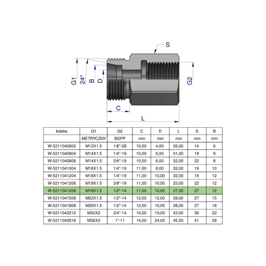 Tulejka różnicowa hydrauliczna AB M18x1.5 12L GZ x 1/2" BSP Waryński ( sprzedawane po 2 )