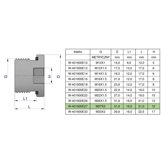 Korek hydrauliczny metryczny (na imbus) M27x2 ED Waryński ( sprzedawane po 2 )