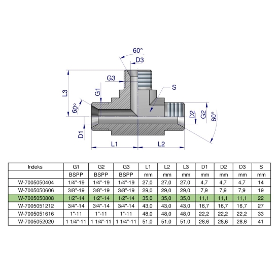 Trójnik hydrauliczny calowy BBB 1/2" BSP (XT) Waryński