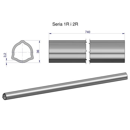 Rura wewnętrzna Seria 2R, rura zewnętrzna Seria 1R do wału 860 przegubowo-teleskopowego 36x3.2 mm 740 mm WARYŃSKI