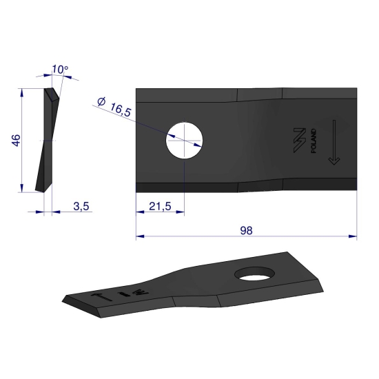 Nóż. nożyk kosiarka prawy 98X46X3.5mm otwór 16.5 zastosowanie 40490005 Morra WARYŃSKI ( sprzedawane po 25 )