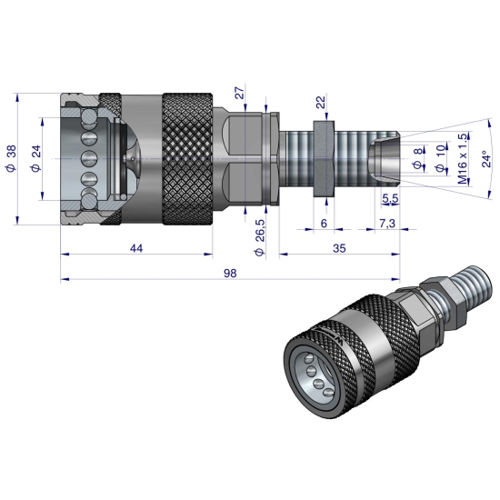 Szybkozłącze hydrauliczne gniazdo long M16x1.5 gwint zewnętrzny EURO PUSH-PULL (ISO 7241-A) z eliminatorem ciśnienia Waryński