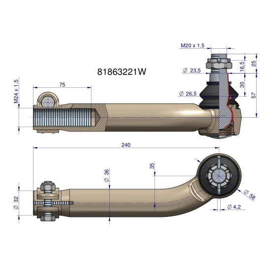 Przegub kierowniczy prawy M24x1.5L 81863221 WARYŃSKI