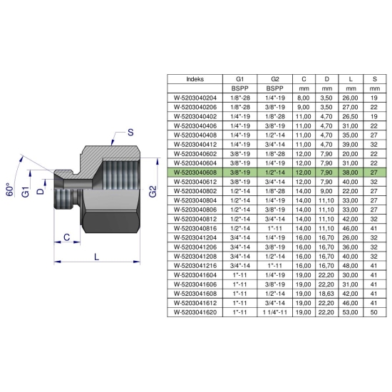 Tulejka różnicowa hydrauliczna calowa AB 3/8"GZ x 1/2"GW BSP Waryński ( sprzedawane po 2 )