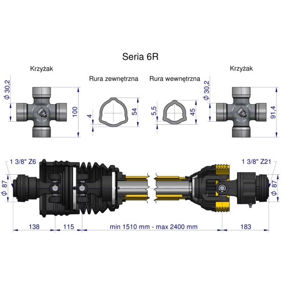 Wał przegubowo-teleskopowy 1510-2400mm 830Nm szerokokątny dr.st. sprzęgło jednokierunkowe Z21 CE 2020 seria 6R Waryński