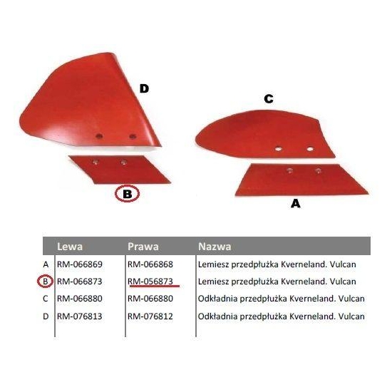 Lemiesz przedpłużka prawy Kverneland. Vulcan