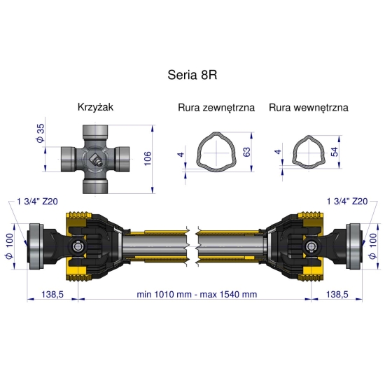 Wał przegubowo-teleskopowy 1010-1540mm 1240Nm Z20 - 1 3/4  z dwóch stron CE 2020 seria 8R Waryński