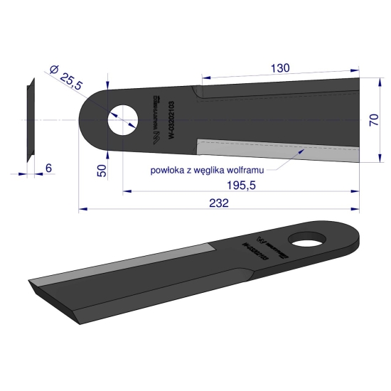 Nóż przystawki do kukurydzy napawany 232x70-51x6 otwór 25.5mm zastosowanie Capello WARYŃSKI