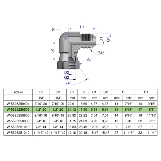 Kolanko hydrauliczne calowe AB 1/2" UNF (JIC) Waryński