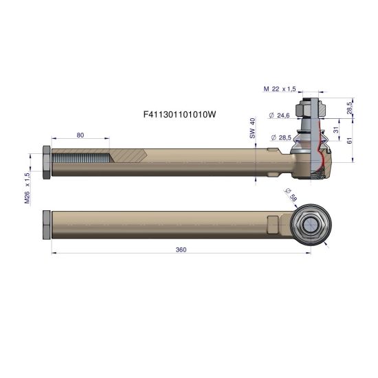 Przegub kierowniczy prawy/lewy 360mm-  M26x1,5 F411301101010 WARYŃSKI
