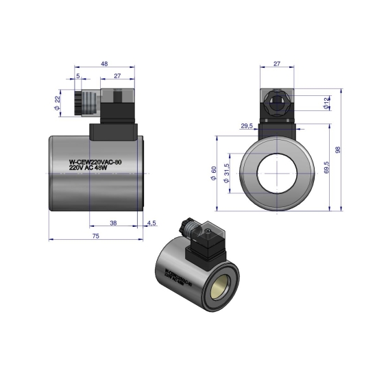 Cewka dzielnika elektrozaworu W-E12DVS6/2-80L. W-E12DVS3/2-80L  220V AC 48W Waryński