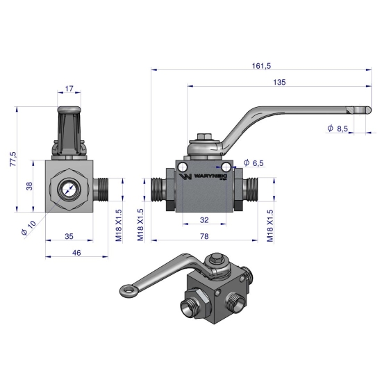 Zawór kulowy hydrauliczny 3-drogowy 3/2 M18x1.5 12L z otworami mocującymi 500 bar Waryński