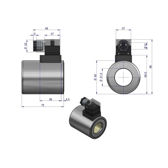 Cewka dzielnika elektrozaworu W-E12DVS6/2-80L. W-E12DVS3/2-80L  24V DC 48W Waryński