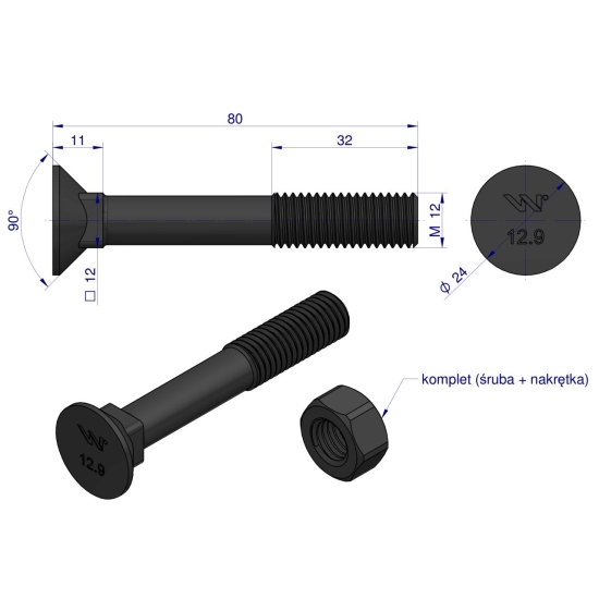 Śruba kpl. płużna podsadzana D 608 M12x80 mm kl.12.9 zastosowanie Gruber Waryński ( sprzedawane po 25 )