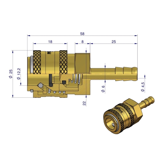 Szybkozłącze pneumatyczne P26 NW7.2 gniazdo pod wąż DN06mm POLMO ( sprzedawane po 5 )