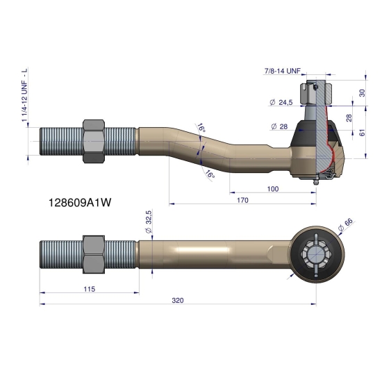 Przegub kierowniczy 320mm- 1 1/4-12 L 128609A1 WARYŃSKI