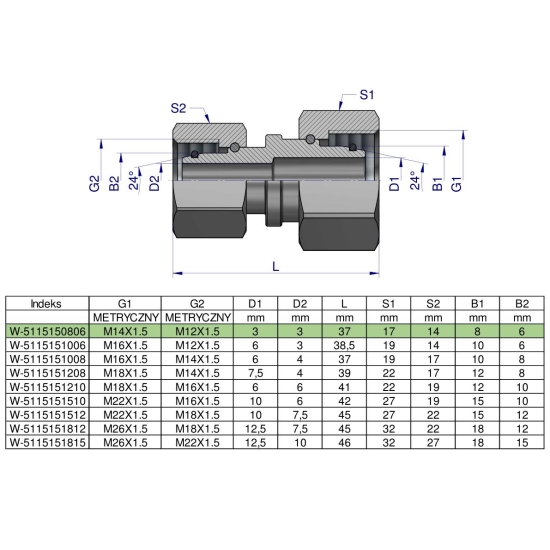 Złączka hydrauliczna metryczna AA M14x1.5 08L x M12x1.5 06L Waryński ( sprzedawane po 2 )