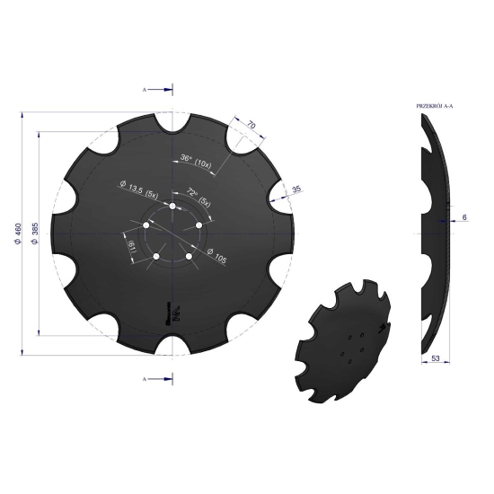 Talerz uzębiony Z-10 fi 460 mocowanie 5 / 105mm grubość 6mm zastosowanie Horsch Farmet stal borowa Waryński 28071304 3002223 3003144