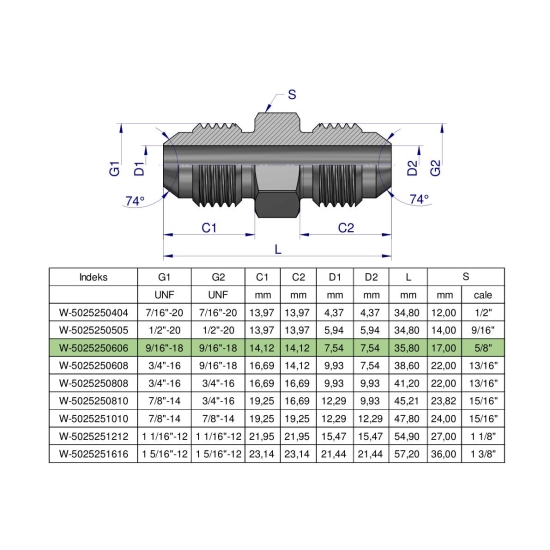 Złączka hydrauliczna calowa BB 9/16" UNF (JIC) Waryński ( sprzedawane po 2 )