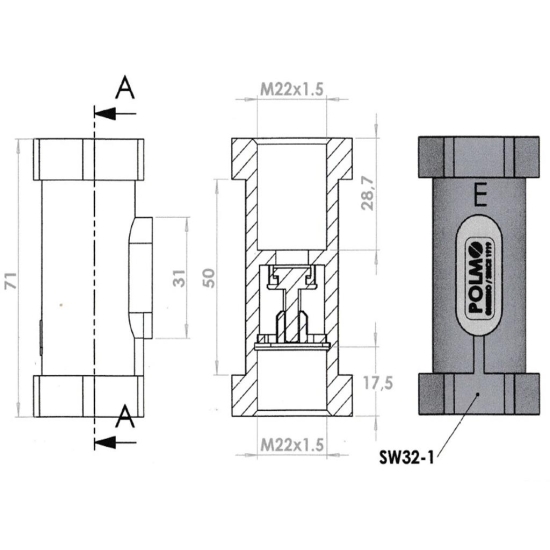 Zawór zwrotny odcinający prosty 22x1.5 gwint wewnętrzny max ciśnienie 22MPa POLMO