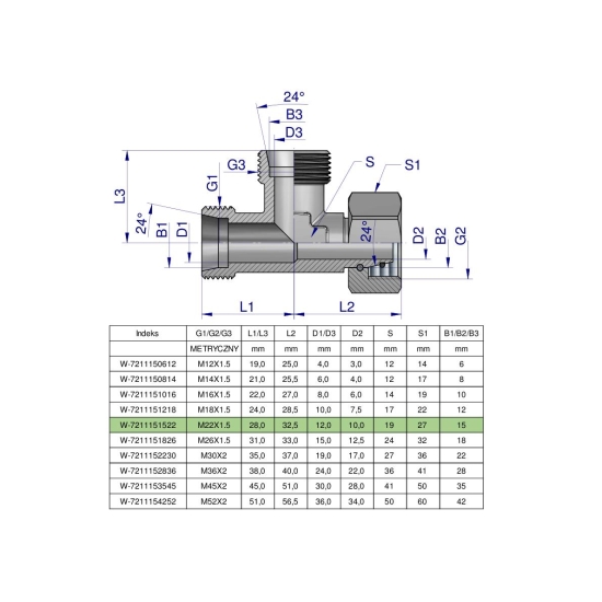 Trójnik hydrauliczny niesymetryczny metryczny BBA M22x1.5 15L (XEVL) Waryński ( sprzedawane po 5 )