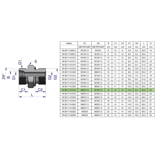 Przyłączka hydrauliczna metryczna BB (XGE) M22x1.5 15L x M16x1.5 ED Waryński ( sprzedawane po 10 )