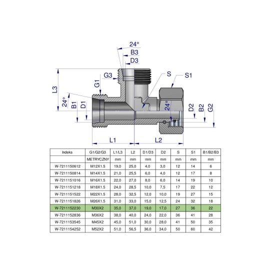 Trójnik hydrauliczny niesymetryczny metryczny BBA M30x2 22L (XEVL) Waryński