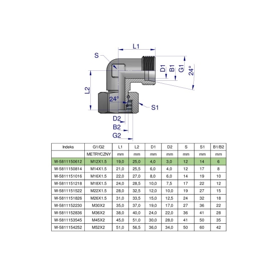 Kolanko hydrauliczne metryczne AB M12x1.5 06L (XEVW) Waryński ( sprzedawane po 2 )