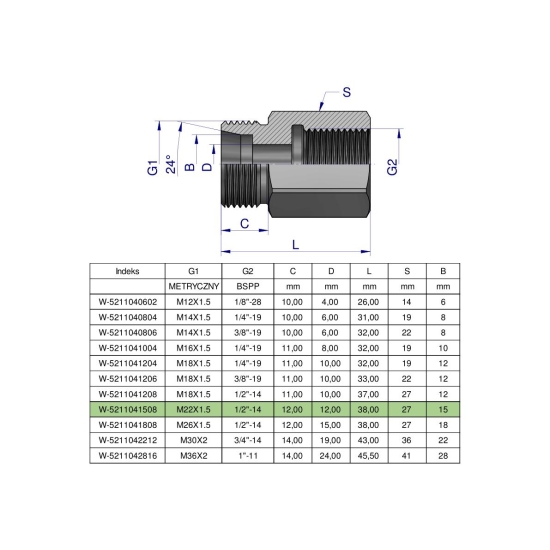 Tulejka różnicowa hydrauliczna AB M22x1.5 15L GZ x 1/2" BSP Waryński ( sprzedawane po 2 )