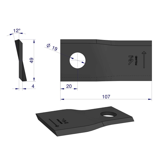 Nóż. nożyk kosiarka lewy 107x50x4mm otwór 19 zastosowanie 13800031 JF-Stoll WARYŃSKI ( sprzedawane po 25 )