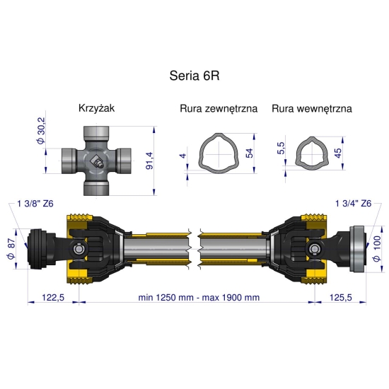 Wał przegubowo-teleskopowy 1250-1900mm 830Nm Z6 - 1 3/4 CE 2020 seria 6R Waryński