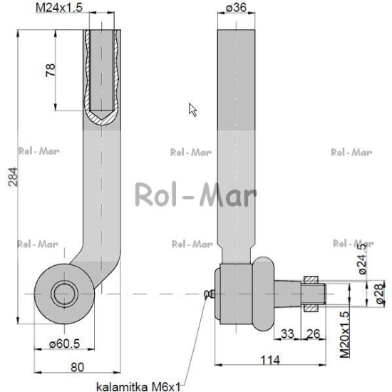 Przegub kierowniczy 260mm - M24x1,5 AL116740 John Deere TAQ