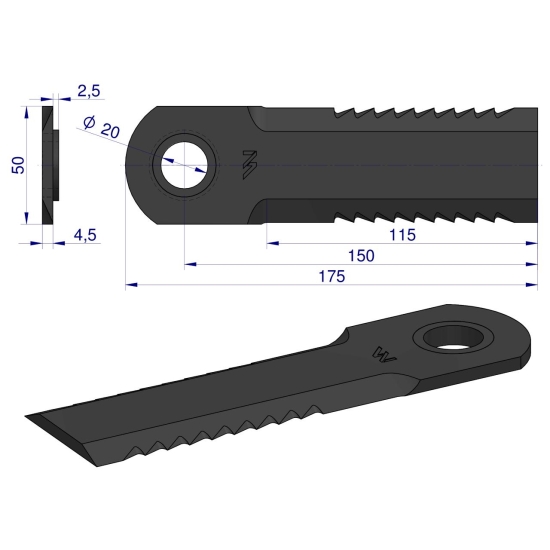 Nóż obrotowy sieczkarnia 175x50x4.5mm otwór 20 z tuleją zastosowanie 1994760C4R Case WARYŃSKI ( sprzedawane po 25 )