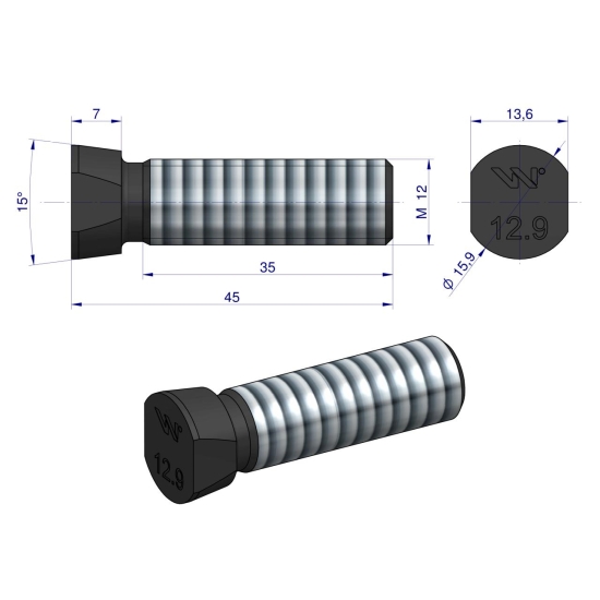 Śruba kpl. płużna oval z dwóch stron ścięta M12x45 mm kl.12.9 zastosowanie Kverneland Waryński M12X45OV2KV ( sprzedawane po 25 )