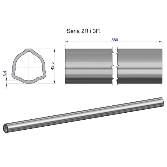 Rura zewnętrzna Seria 2R i 3R do wału 1010 przegubowo-teleskopowego 43.5x3.4 mm 885 mm WARYŃSKI