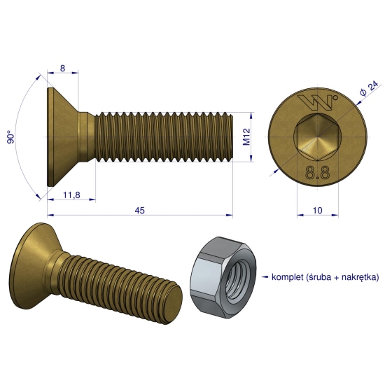 Śruba kpl. M12x45 - imbus 10 DIN7991 ( sprzedawane po 25 ) Waryński
