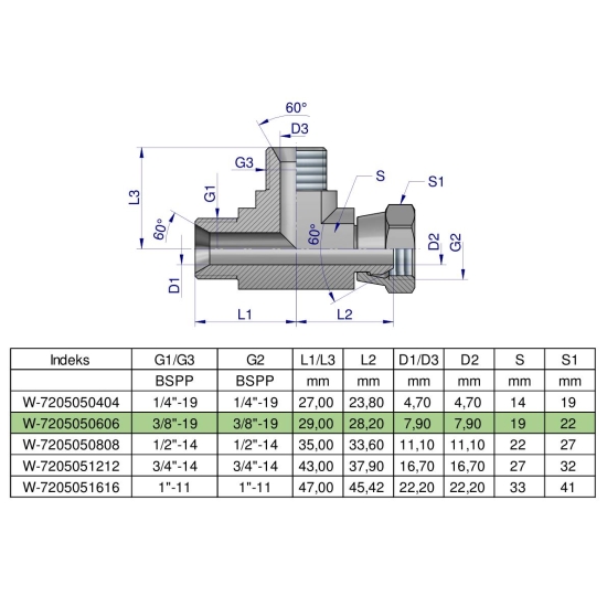 Trójnik hydrauliczny niesymetryczny calowy BBA 3/8" BSP (XEVL) Waryński