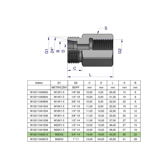 Tulejka różnicowa hydrauliczna AB M30x2 22L GZ x 3/4" BSP GW Waryński