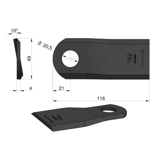 Nóż. nożyk kosiarka lewy 116x48x4mm otwór 20.5 zastosowanie 6804710 Kuhn WARYŃSKI ( sprzedawane po 25 )